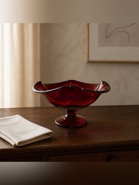 Viking Glass Ruby Red Ambrina Shine 4 Point Pedestal Ruffle Dish